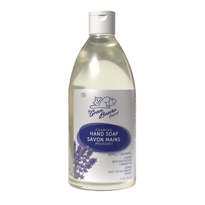 A bottle of Green Beaver's Foaming Hand Soap in Lavender scent on a white background