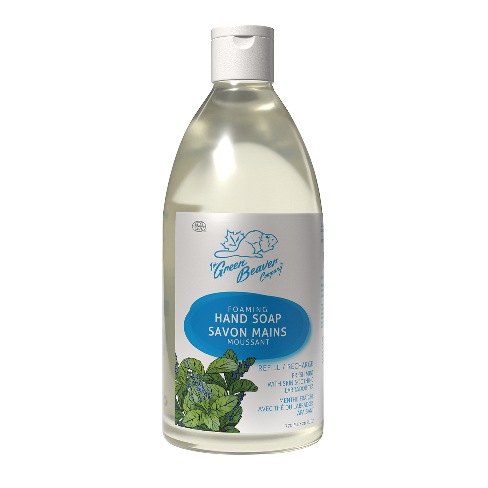 A bottle of Green Beaver's Foaming Hand Soap in Fresh Mint scent on a white background