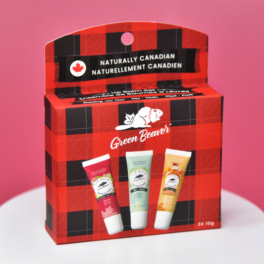 A buffalo plaid package of Green Beaver's natural lip balm that contains three flavours - strawberry-lime, mint, and maple.