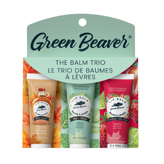A light green package of Green Beaver's natural lip balm that contains three flavours - maple, mint, and strawberry-lime