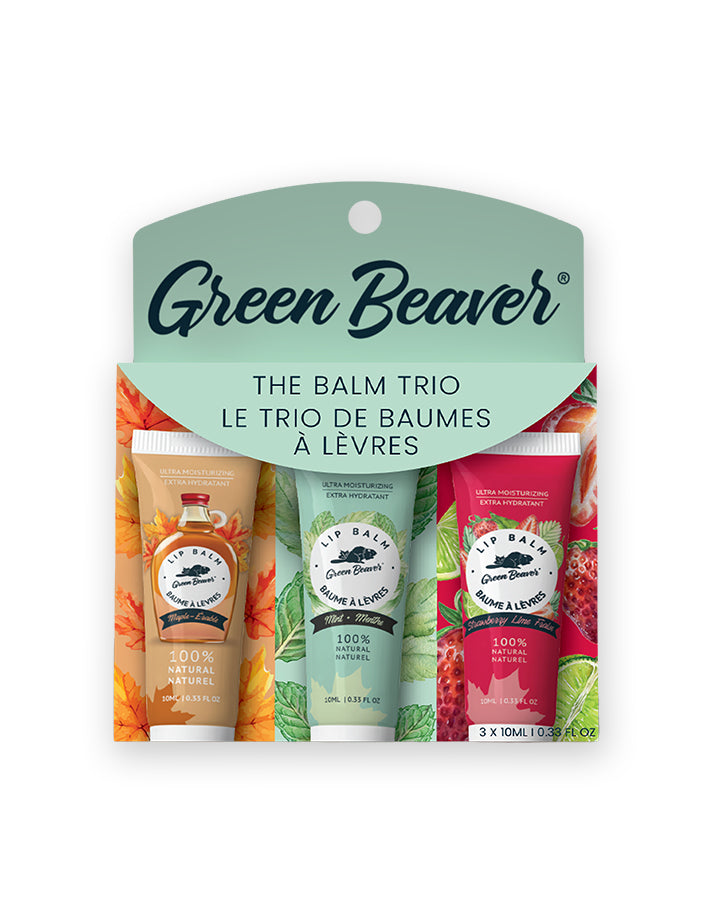  A green package of Green Beaver's natural lip balm that contains three flavours - strawberry-lime, mint, and maple.