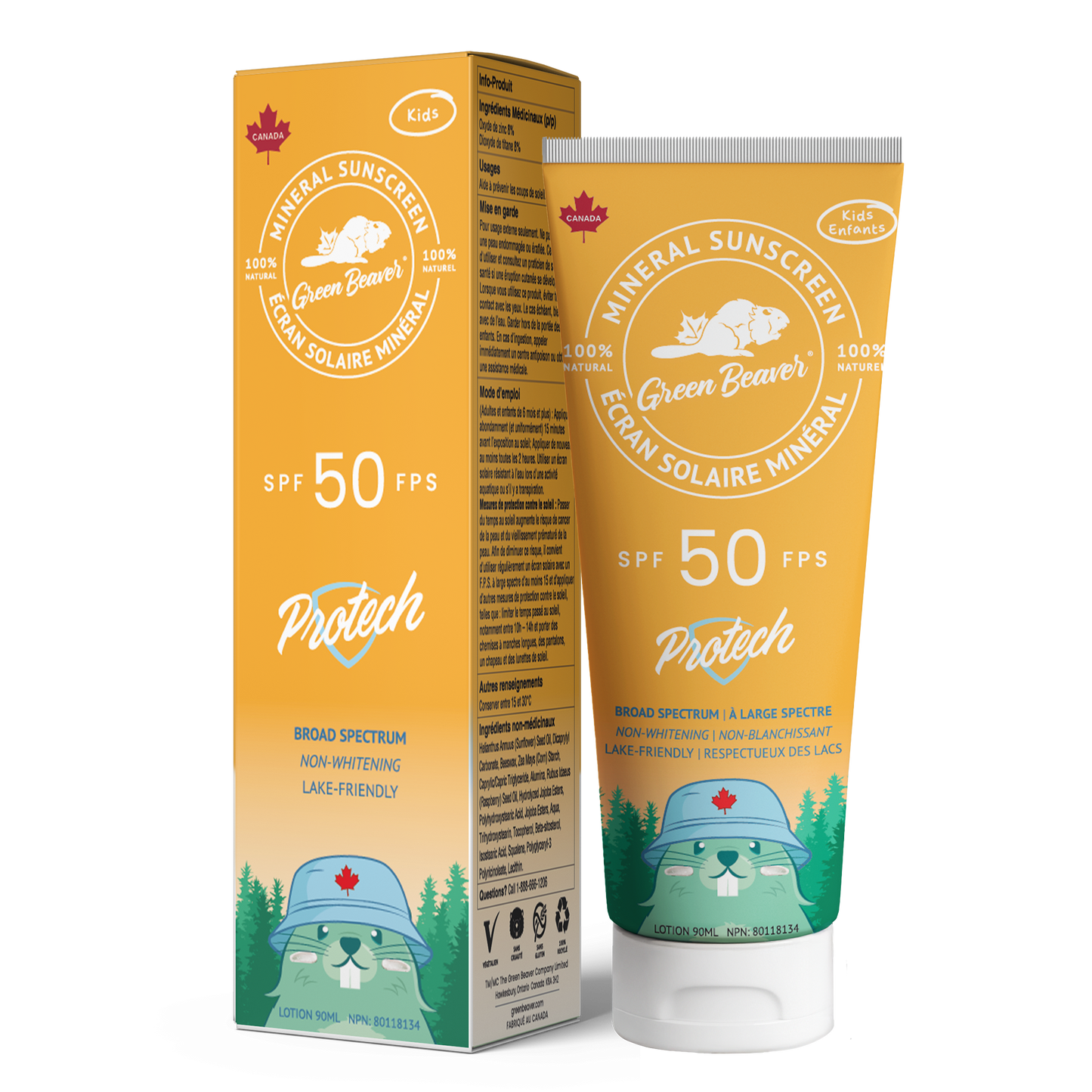 Green Beaver Protech SPF 50 KIDZ mineral sunscreen for kids with box and tube on a white background, high SPF gentle sun protection for children