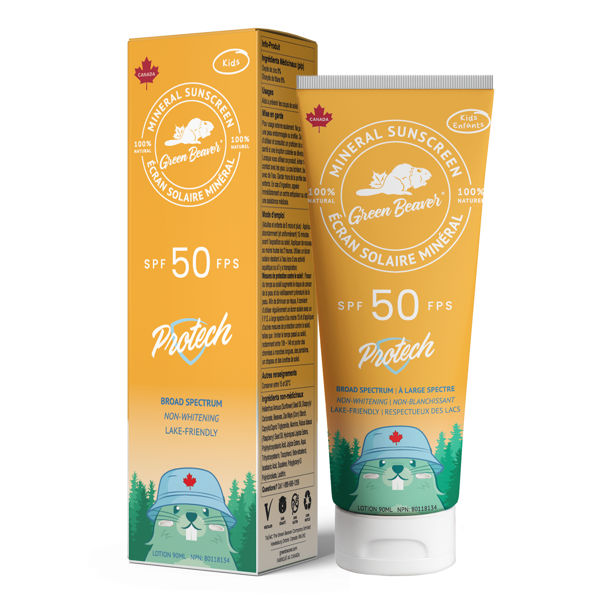 Green Beaver Protech SPF 50 KIDZ mineral sunscreen for kids with box and tube on a white background, high SPF gentle sun protection for children