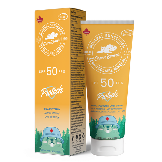 Green Beaver Protech SPF 50 KIDZ mineral sunscreen for kids with box and tube on a white background, high SPF gentle sun protection for children