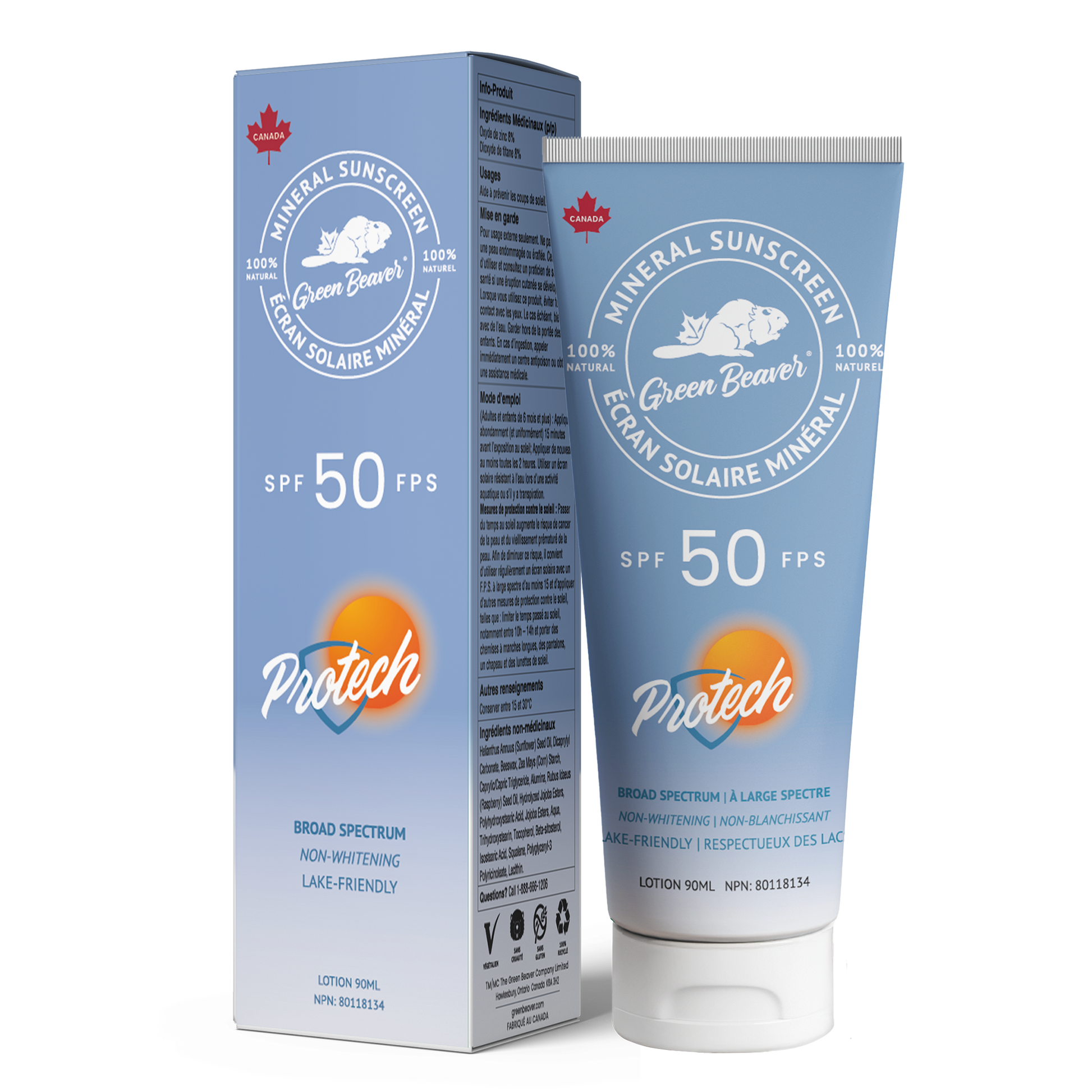 Green Beaver Protech SPF 50 mineral sunscreen with packaging box and tube shown together on a white background, high protection natural sunscreen