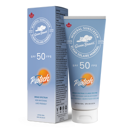 Green Beaver Protech SPF 50 mineral sunscreen with packaging box and tube shown together on a white background, high protection natural sunscreen