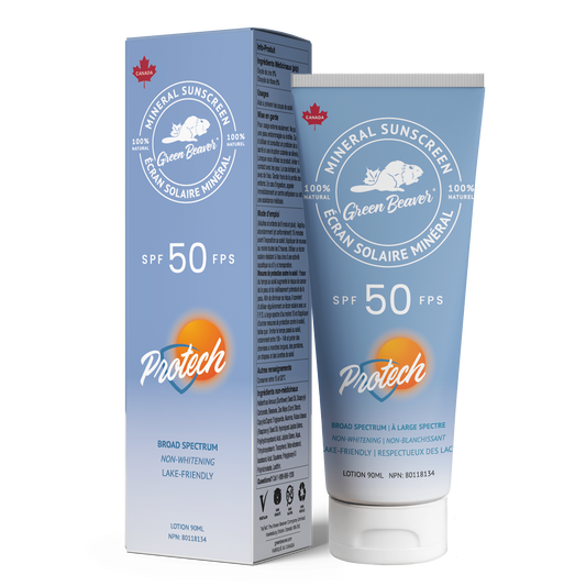 Green Beaver Protech SPF 50 mineral sunscreen with packaging box and tube shown together on a white background, high protection natural sunscreen