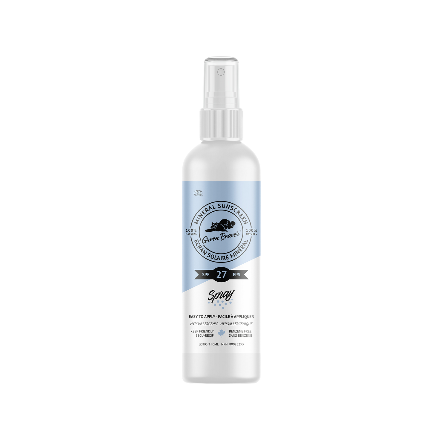 Green Beaver SPF 27 mineral sunscreen spray bottle displayed on a white background, lightweight natural spray sunscreen for easy application