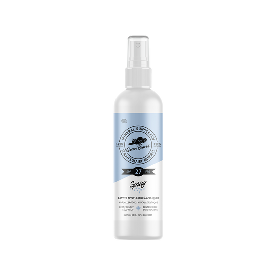 Green Beaver SPF 27 mineral sunscreen spray bottle displayed on a white background, lightweight natural spray sunscreen for easy application