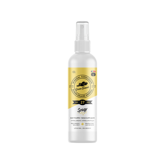 Green Beaver SPF 27 KIDZ mineral sunscreen spray bottle on a white background, kid-friendly spray sunscreen with gentle natural ingredients