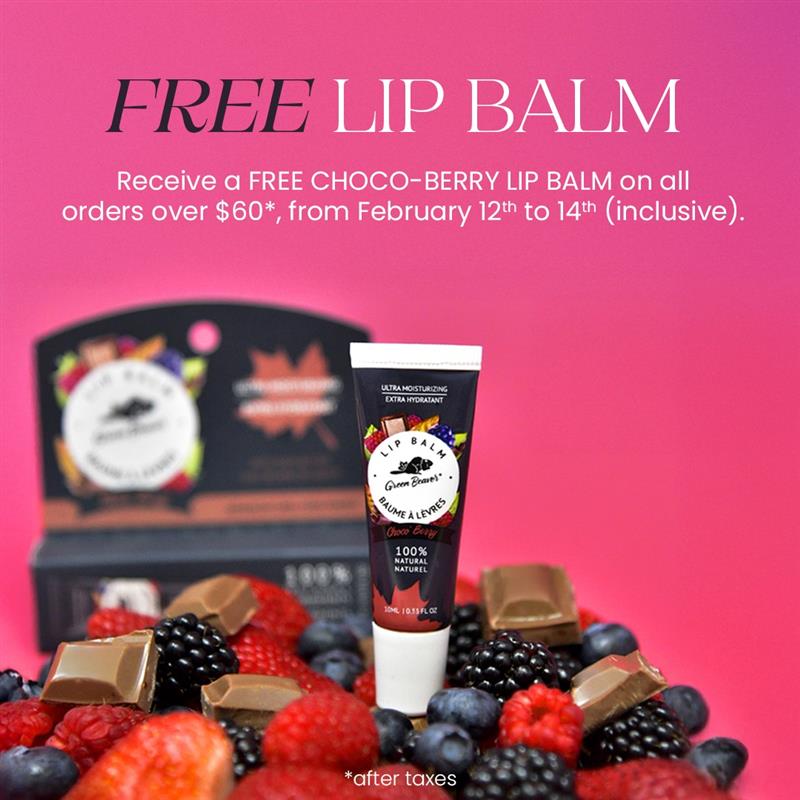 Green Beaver's Valentine's Day offer of a free Choco-Berry Lip Balm with purchase on a banner, showing the lip balm with berries and chocolate.