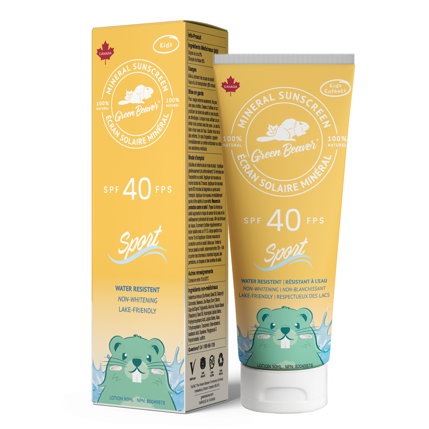 Green Beaver SPF 40 Sport KIDZ mineral sunscreen for children, featuring box and tube on a white background, gentle water-resistant protection for kids
