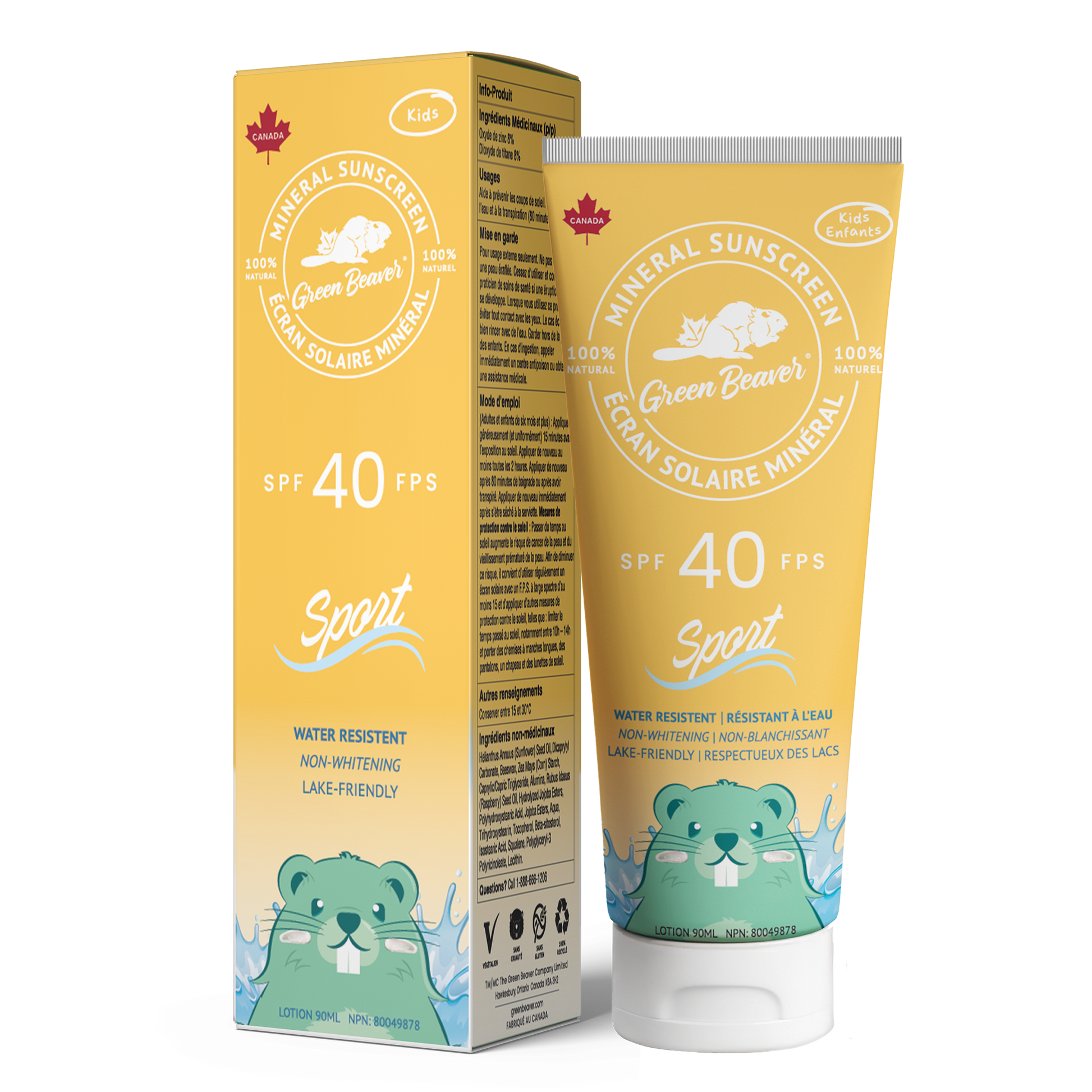 Green Beaver SPF 40 Sport KIDZ mineral sunscreen for children, featuring box and tube on a white background, gentle water-resistant protection for kids