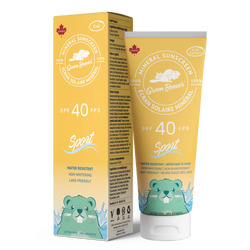 Green Beaver SPF 40 Sport KIDZ mineral sunscreen for children, featuring box and tube on a white background, gentle water-resistant protection for kids