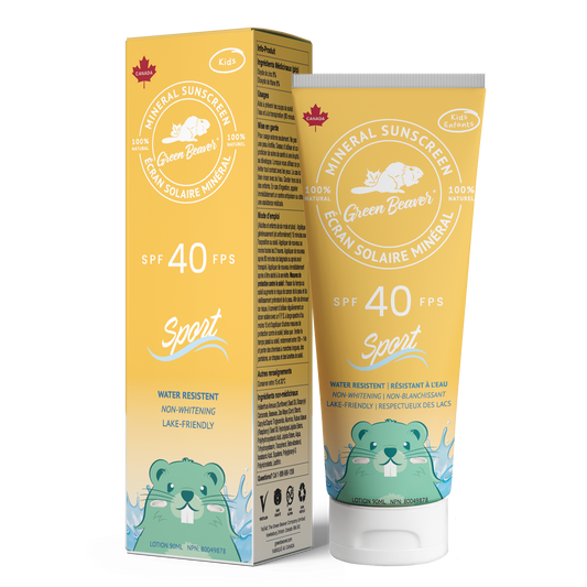 Green Beaver SPF 40 Sport KIDZ mineral sunscreen for children, featuring box and tube on a white background, gentle water-resistant protection for kids