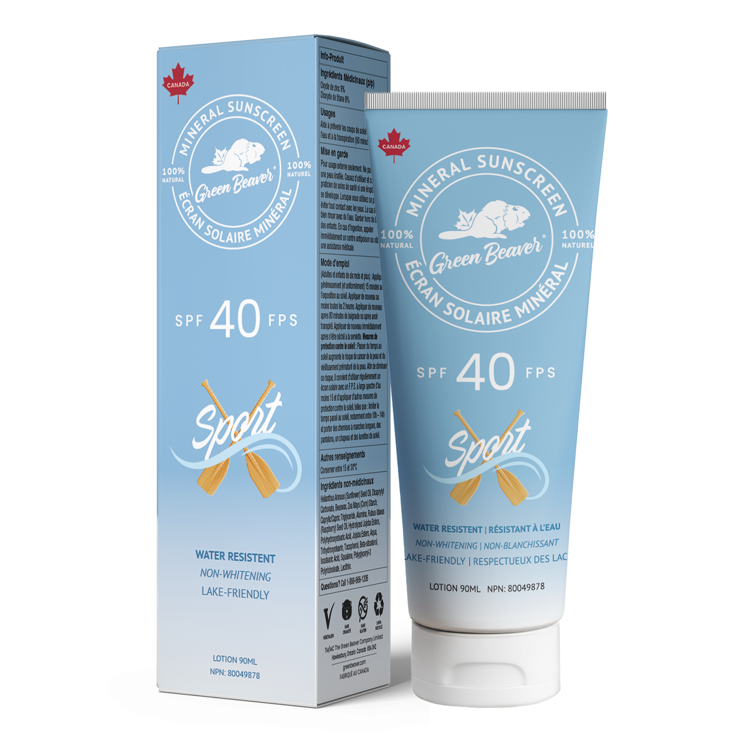 Green Beaver SPF 40 Sport mineral sunscreen with box and tube displayed on a clean white background, water-resistant formula for active outdoor use
