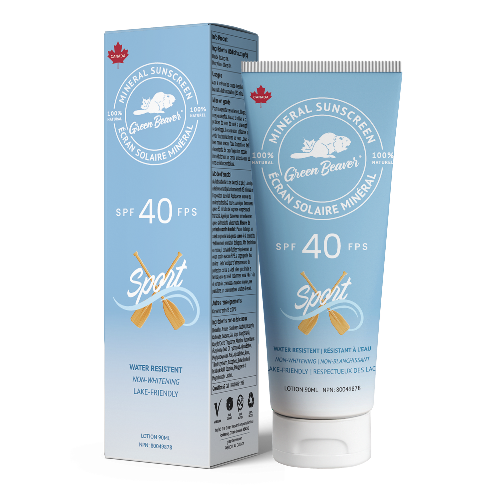 Green Beaver SPF 40 Sport mineral sunscreen with box and tube displayed on a clean white background, water-resistant formula for active outdoor use