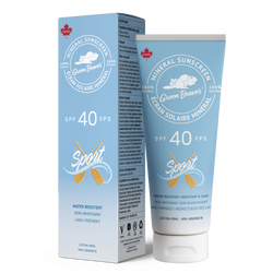 Green Beaver SPF 40 Sport mineral sunscreen with box and tube displayed on a clean white background, water-resistant formula for active outdoor use