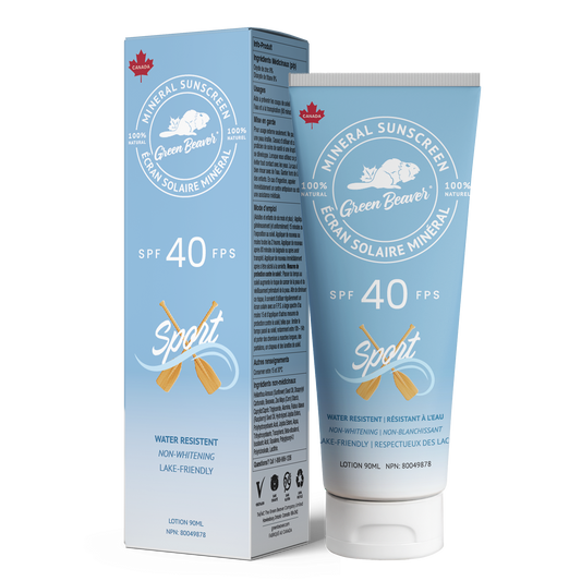 Green Beaver SPF 40 Sport mineral sunscreen with box and tube displayed on a clean white background, water-resistant formula for active outdoor use