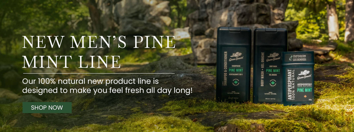 The new Pine Mint Men's line of body wash, shampoo and antiperspirant sit in a mossy outdoor setting