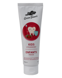 A white tube of kids flouride-free toothpaste in strawberry flavour by Green Beaver