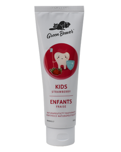 A white tube of kids flouride-free toothpaste in strawberry flavour by Green Beaver