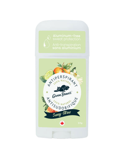 A stick of Green Beaver's natural and aluminum-free antiperspirant for women in Sunny Citrus scent is on a white background.