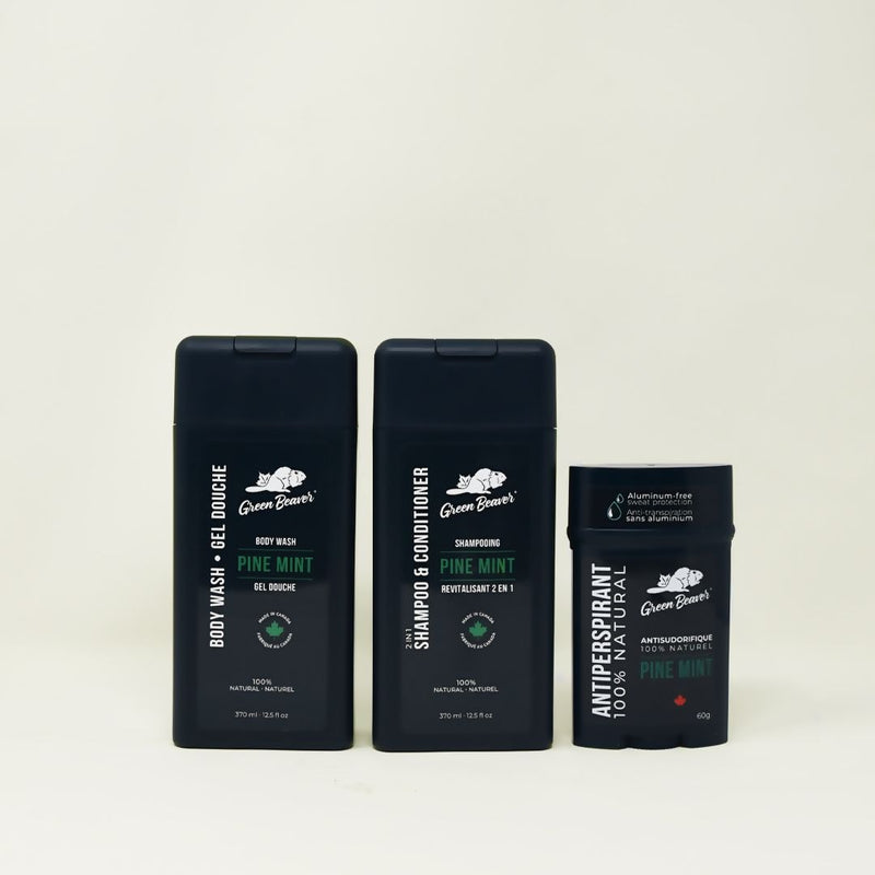 A set of three products, the gel bodywash, shampoo, and antiperspirant in Pine Mint scent.