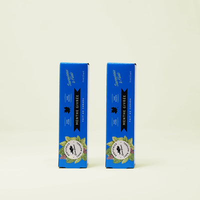 Two blue boxes of Green Beaver's Frosty Mint Toothpaste are on a beige background.